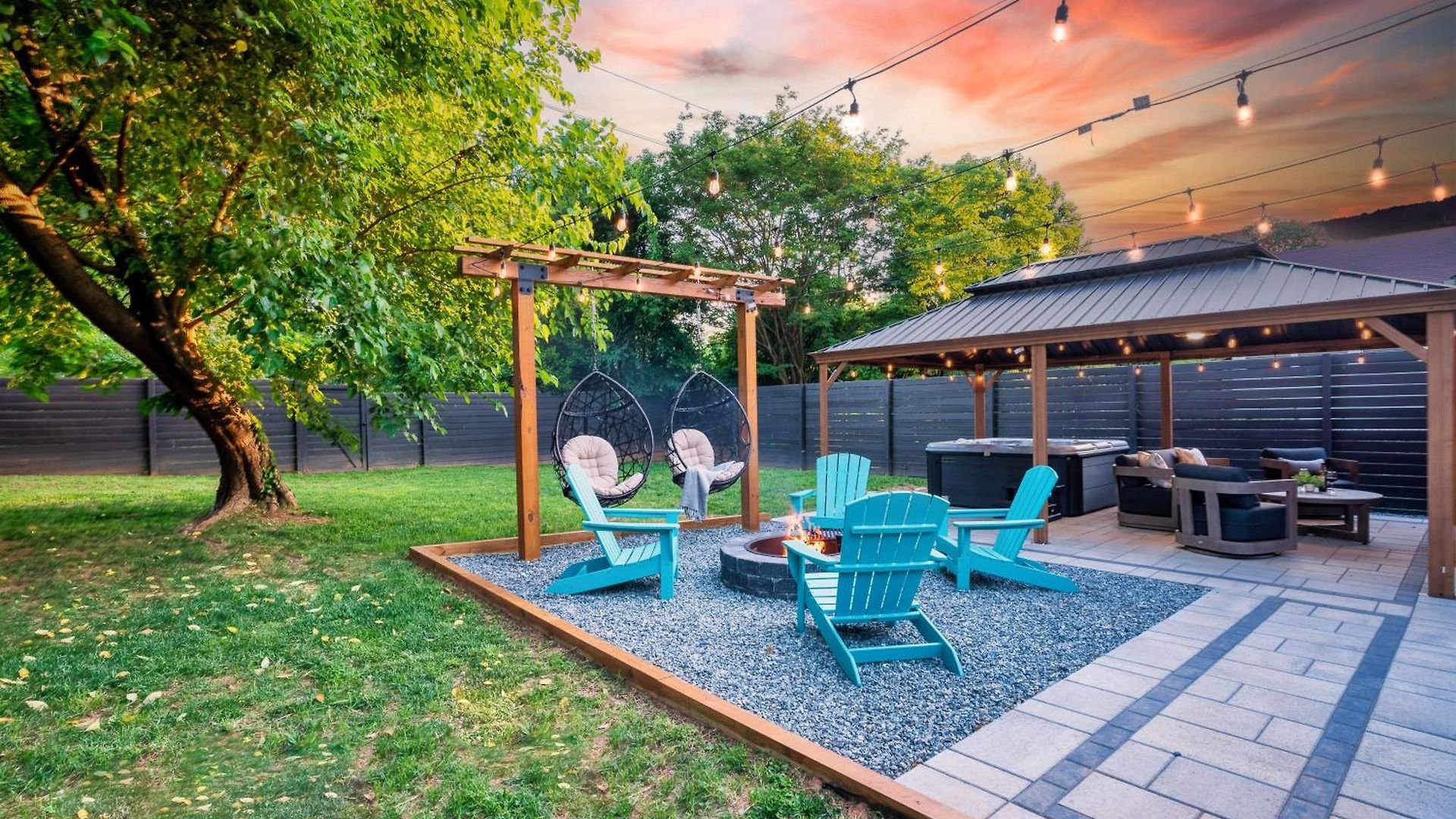 Uptown Oasis, Hot Tub, Swing Chairs, Fire Pit, Gazebo
