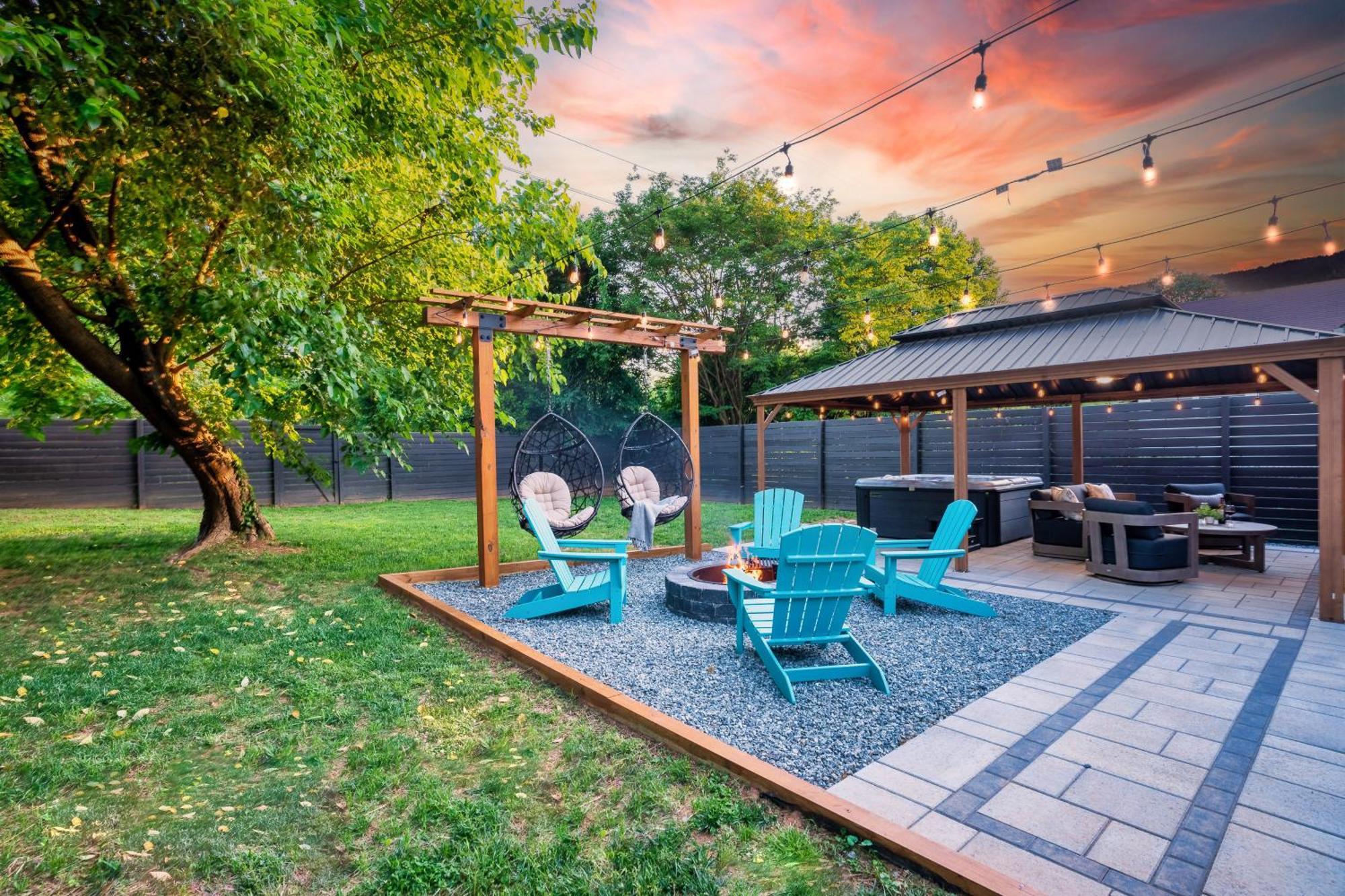 Uptown Oasis, Hot Tub, Swing Chairs, Fire Pit, Gazebo